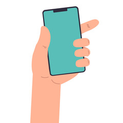 Illustration of human hand with smartphone in flat style. Des Design element for infographic, emblem, sign, poster, car, banner.