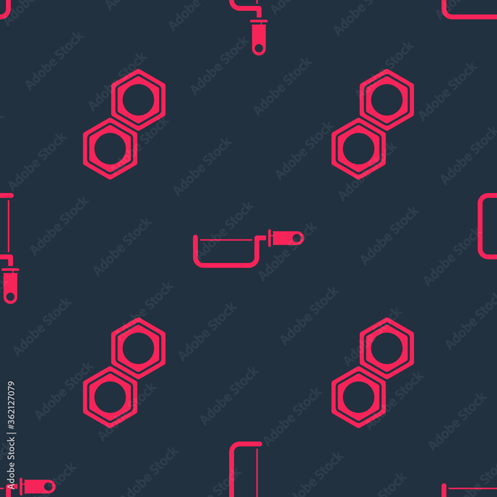 Poster Set Hexagonal metal nut and Hacksaw on seamless pattern. Vector.