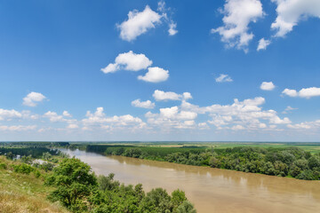 Titel, Serbia - June 25, 2020: The river Tisa and the coast of the city of Titel. Photographed from Calvary, from the Titel plateau.