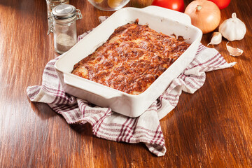 Italian cannelloni pasta baked in casserole dish