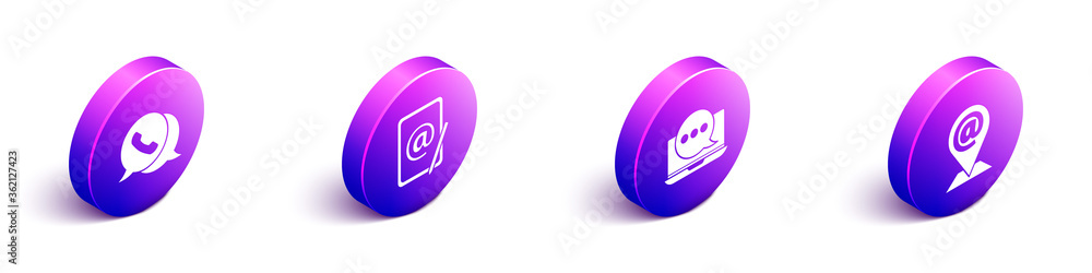 Poster set isometric telephone with speech bubble chat, mail and e-mail, chat messages notification on lapt