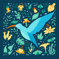 Hummingbird surrounded by leaves and flowers. Colorful print poster with a rare tropical bird colibri. Vector art illustration in flat style. Hand-drawn hummingbird in the jungle iamid foliage