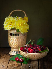 basket with flowers fruit food 
