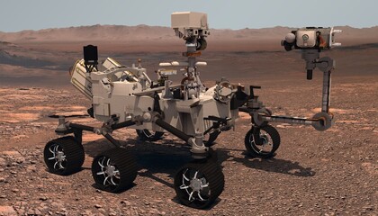 Mars. The Perseverance rover deploys its equipment against the backdrop of a true Martian...