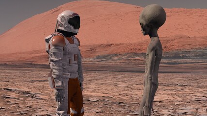 Astronaut meets a Martian on Mars. First contact. Alien on Mars. Exploring mission to mars....