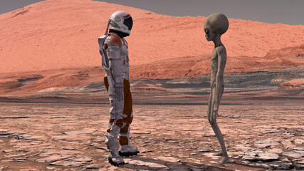 Astronaut meets a Martian on Mars. First contact. Alien on Mars. Exploring mission to mars. Colonization and space exploration concept. 3d rendering. Elements of this video furnished by NASA. © merlin74