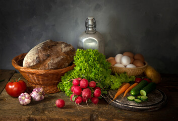 still life with vegetables and bread