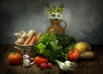 still life with vegetables and fruits