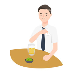 生ビールを飲み前にマスクをポケットにしまう男性ビジネスマンのイラスト。