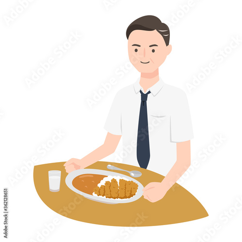 ランチタイムにカツカレーを食べる男性ビジネスマンのイラスト Wall Mural Yukimco ランチタイムにカツカレーを食べる男性ビジネスマンのイラスト Wall Mural Yukimco