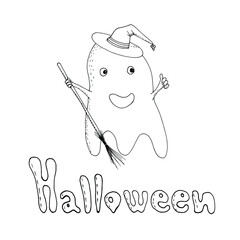 Vector Halloween card on white background. A ghost dressed a witch in a broom and a hat and lettering "Halloween". Hand-drawn sketch in cartoon style.