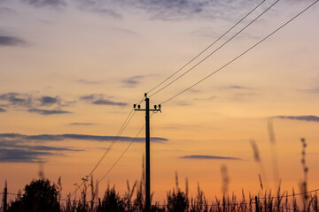 Silhouette of electric pole on meadow at sunset. Electricity, nature, sunset concept.