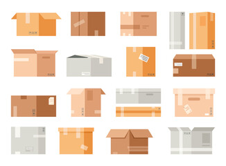 Vector set of cardboard packaging boxes in flat cartoon style. Delivery box package. Different packaging open and closed box with fragile signs for food, gift, medicine isolated on white background