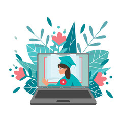 
online education or distance exam concept, screen with teacher, studying on laptop. Vector illustration in flat style

