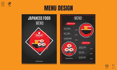 Fototapeta na wymiar Restaurant menu design template vertical sushi Japanese food brochure. Cooking frames labels Menu Design Template layout with a set of restaurant and cafe menu design