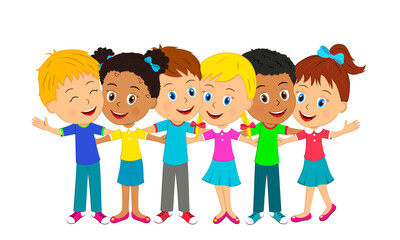 kids,boys and girls are standing and hug each other,illustration,vector