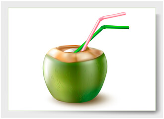 3 d. Green Coconut on a white background.Tubes for a cocktail. Coconut Water in Green Coconut. Vector illustration.