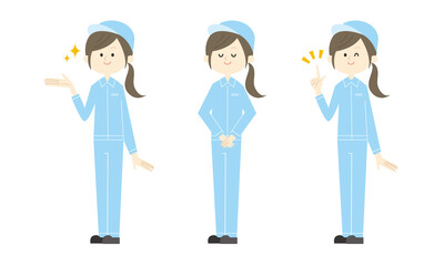 女性工場作業員セット（手で指し示す・お辞儀・指差し）ベクターイラスト