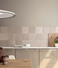 Modern room with brown tiles, kitchen, seamless design, luxurious interior background.
