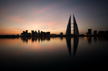 The Bahrain skyline with beautiful hue in the sky, a view from Bahrain bay