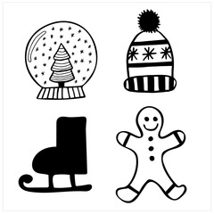 Snowball and hat and ice skate and ginger man in black and white, set of simple hand drawn vector illustrations in doodle style