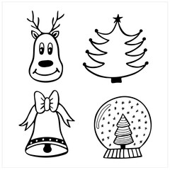 Deer and bell and Christmas tree and snow ball in black and white, set of simple hand drawn vector illustrations in doodle style