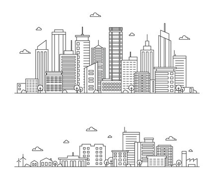 Vector illustration of outline city landscape. Urban and rural life with  skyline city office buildings, skyscraper, trees, factory, windmill. Сity panorama on white background. Downtown landscape.