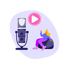 Mass media broadcasting flat vector illustration. Male and female social media network.  Interview, radio, online training, podcast, recording in studio.