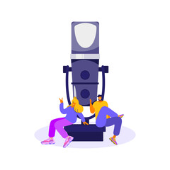 Mass media broadcasting flat vector illustration. Male and female social media network.  Interview, radio, online training, podcast, recording in studio.