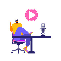 Mass media broadcasting flat vector illustration. Male and female social media network.  Interview, radio, online training, podcast, recording in studio.