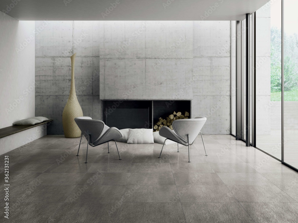 Wall mural Modern living room with grey tiles, seamless design, luxurious interior background.
