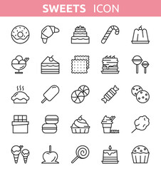 Vector set of sweet dessert line icons for web, apps, bakery, cafe logos and pictogram. Cookies, Macarons, Cupcake, Biscuit, Cake, Ice cream, Candy isolated on white background. Confectionery icons