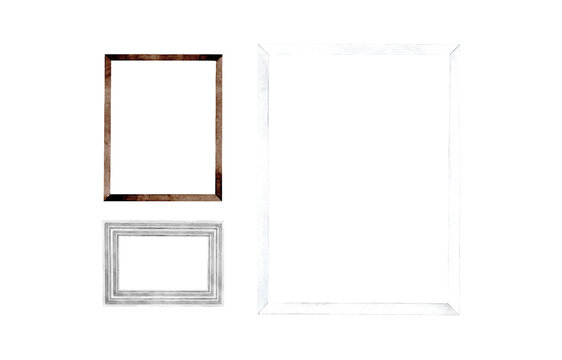 Hand drawn watercolor illustration with decorative composition of square picture frames.  Isolated objects on white background. Use as mock up, clip art, exhibition, image, room decor, postcard.