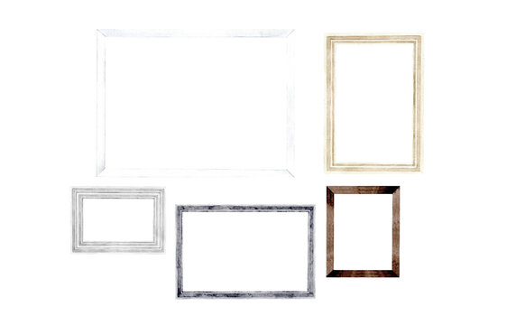 Hand drawn watercolor illustration with decorative composition of square picture frames. Isolated objects on white background. Use as mock up, clip art, exhibition, image, room decor, poster element.