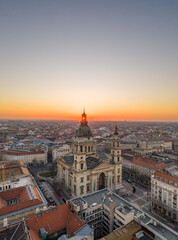 Fototapeta na wymiar Aerial drone shot of St. Stephen Basilica at Budapest dawn sunrise in morning