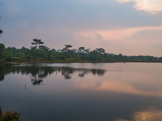 Sunrise Scenery view at reservoir on Phu Kradueng mountain national park in Loei City Thailand.Phu Kradueng mountain national park the famous Travel destination