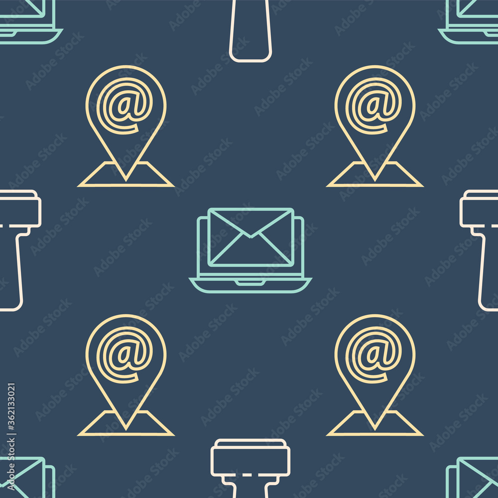 Poster set line stamp, location and mail and e-mail and laptop with envelope on seamless pattern. vector.