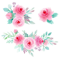 Watercolor botanical illustration. Bouquets with Pink rose, Mint leaves and Eucalyptus branches. Spring design. Perfect for wedding invitations, cards, frames, posters, packing