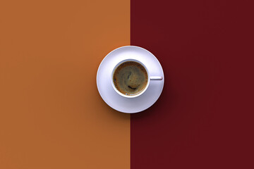 White cup and saucer on the surface of coffee shades