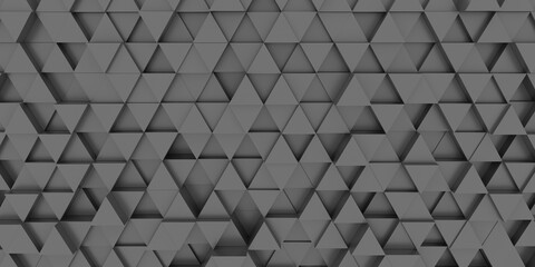 Horizontal texture and background of black volumetric equilateral triangles. Black background. 3