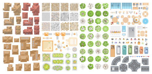Vector set for a cityscape. Top view. Collection for landscape design, plan, maps. Sidewalk, playground, houses, road, cars, people, home, trees, flower beds. View from above. 