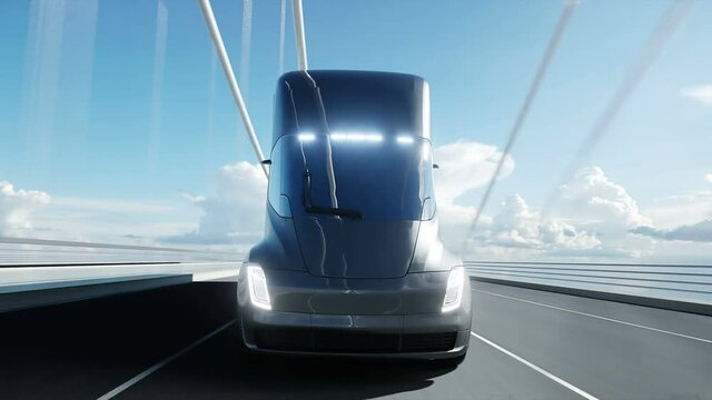 3d model of futuristic electric truck on the bridge. Electric automobile. Realistic 4k animation.