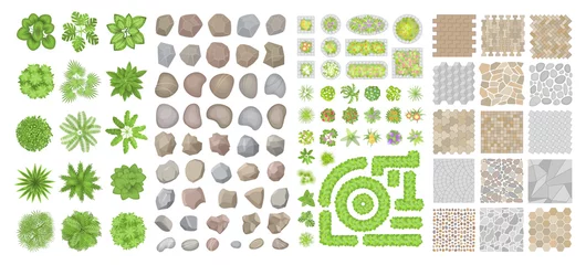 Poster Set of park elements. (Top view) Collection for landscape design, plan, maps. (View from above) Pavements, stones, trees, flower beds. © Алексей Шпадарук