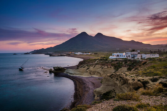 Los Escullos at sunset, Cabo de Gata-Nijar Natural Park, Almeria province, Andalusia, Spain