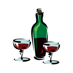 Vector illustration with black wine bottle, lettering phrase and two glasses. Working from nine to wine. Funny typography poster with text, apparel print design