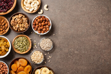 Healthy food. Nuts, dried fruits and seeds