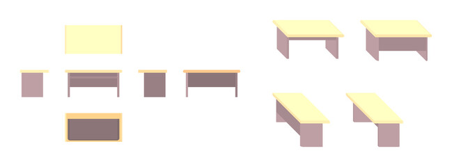 yellow wooden table from different angles, isometric
