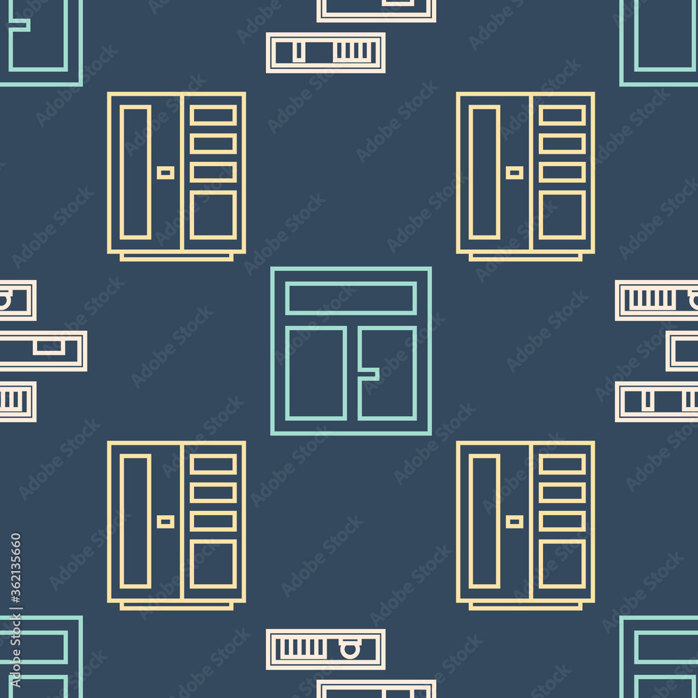 Poster set line shelf with books, wardrobe and window in the room on seamless pattern. vector.
