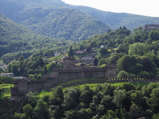 View to Montebello castle in european Bellinzona city, capital of canton Ticino in Switzerland in 2017 warm sunny summer day on July.