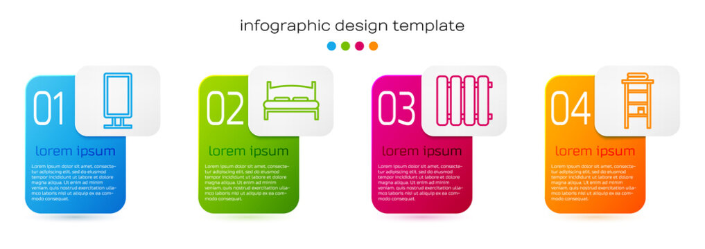 Set Line Big Full Length Mirror, Big Bed, Heating Radiator And Bathroom Rack With Shelves For Towels. Business Infographic Template. Vector.